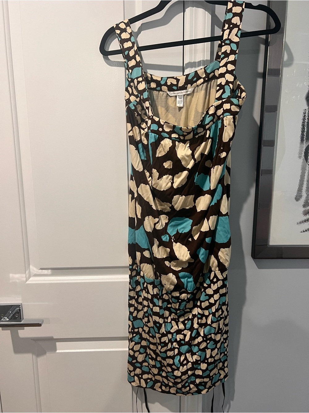 Sleeveless Brown, Cream & Teal Printed Dress